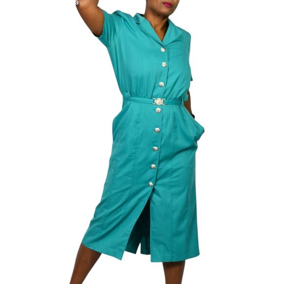 Vintage Together Shirtdress Green Dress Straight Belt Lattice Cutout LionHead 10 - Picture 12 of 14